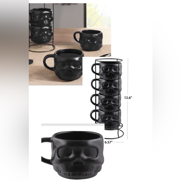 Black Skull-Shaped Ceramic Stacking Mug Set with Metal Rack. - Picture 3 of 5